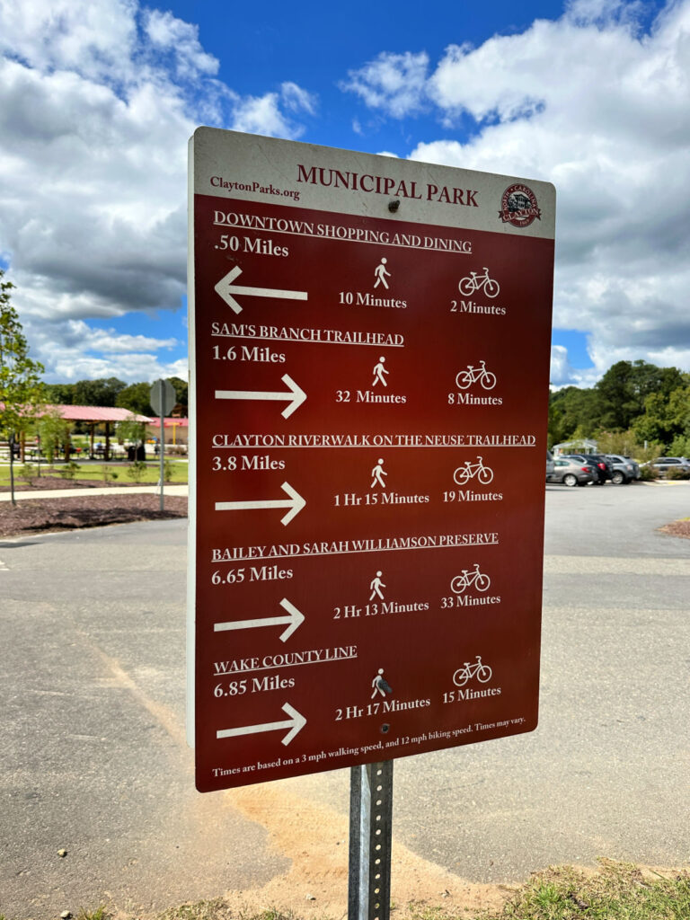 Sign showing walking and bike trails from Clayton Municipal Park, Clayton NC